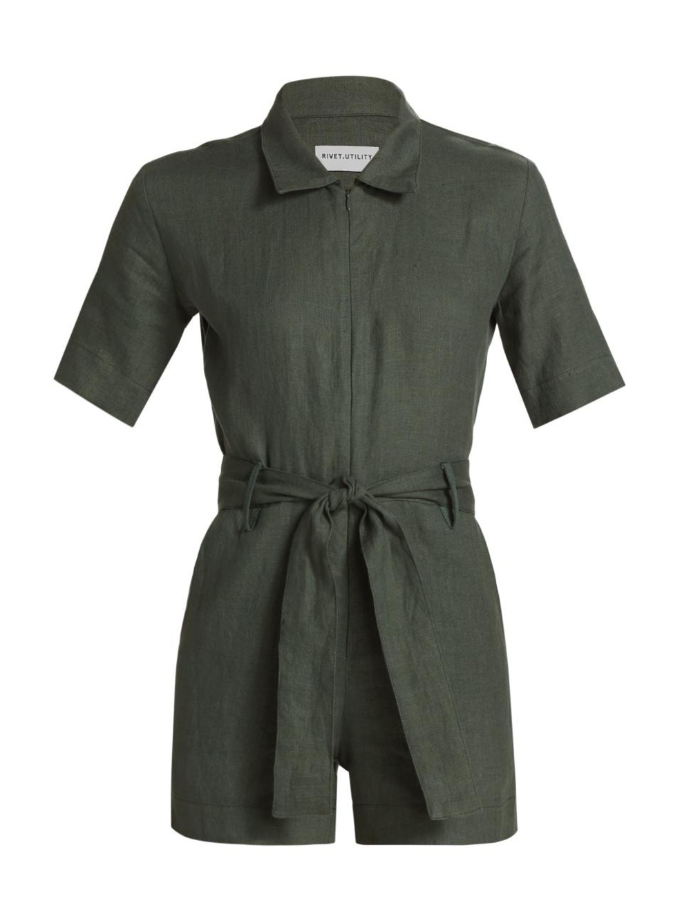 Rivet Utility Olive Short-Sleeve Linen Romper with Tie Waist